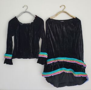 VTG Black Velvet Outfit Colourful Pastel Ruffles Bohemian Chic Dark Fairy Boho